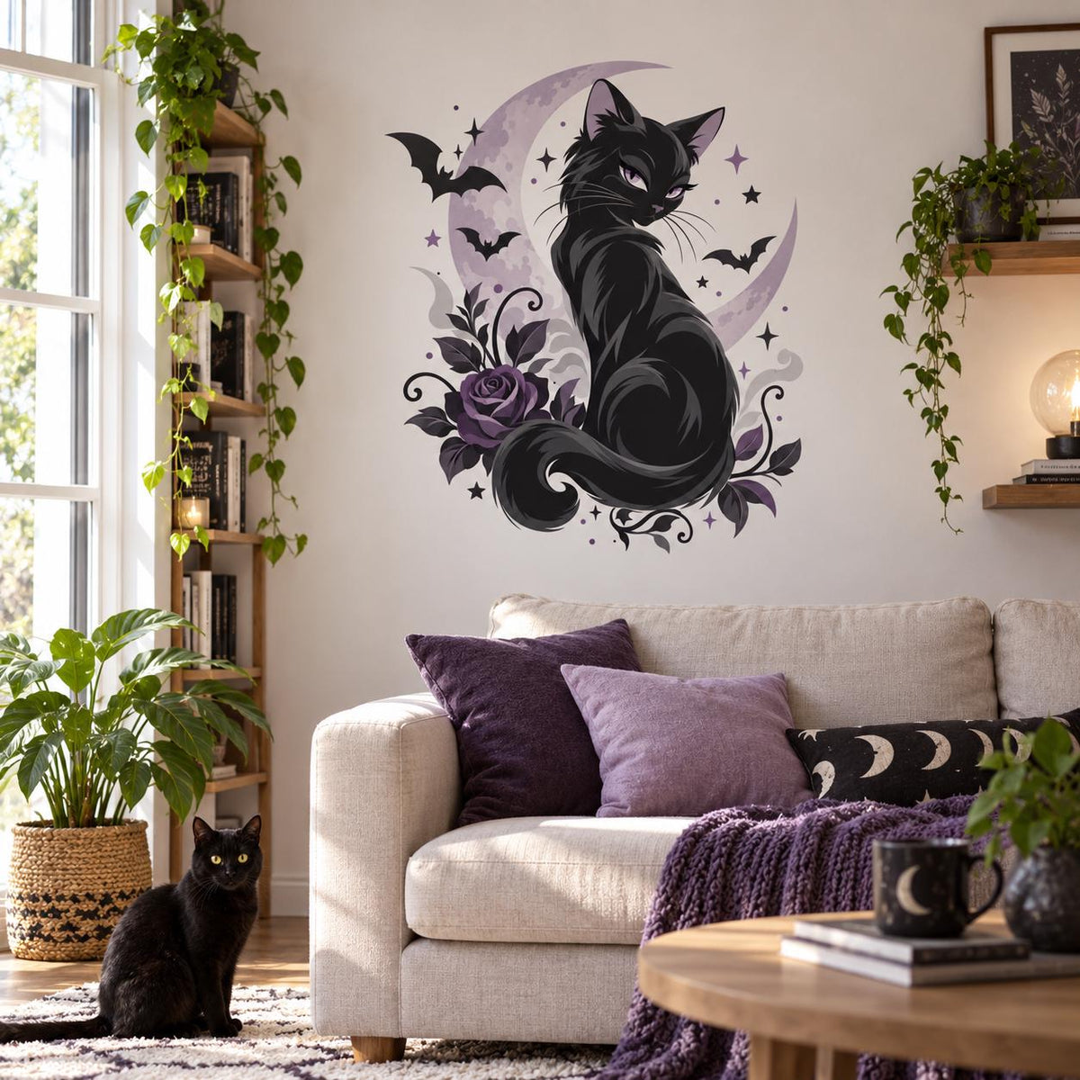 Black Cat Moon Wall Decal | Gothic Witchy Bedroom Decor | Celestial Bat and Dark Floral Vinyl Wall Sticker | Purple Gothic Room Wall Decor