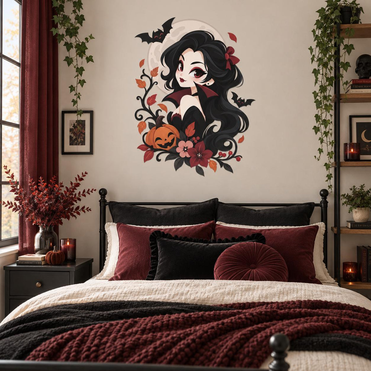 Cute Vampire Girl Wall Decal | Kawaii Halloween Vinyl Wall Sticker | Gothic Pumpkin Bat Moon Bedroom Wall Decor | Anime Style Wall Art Decor