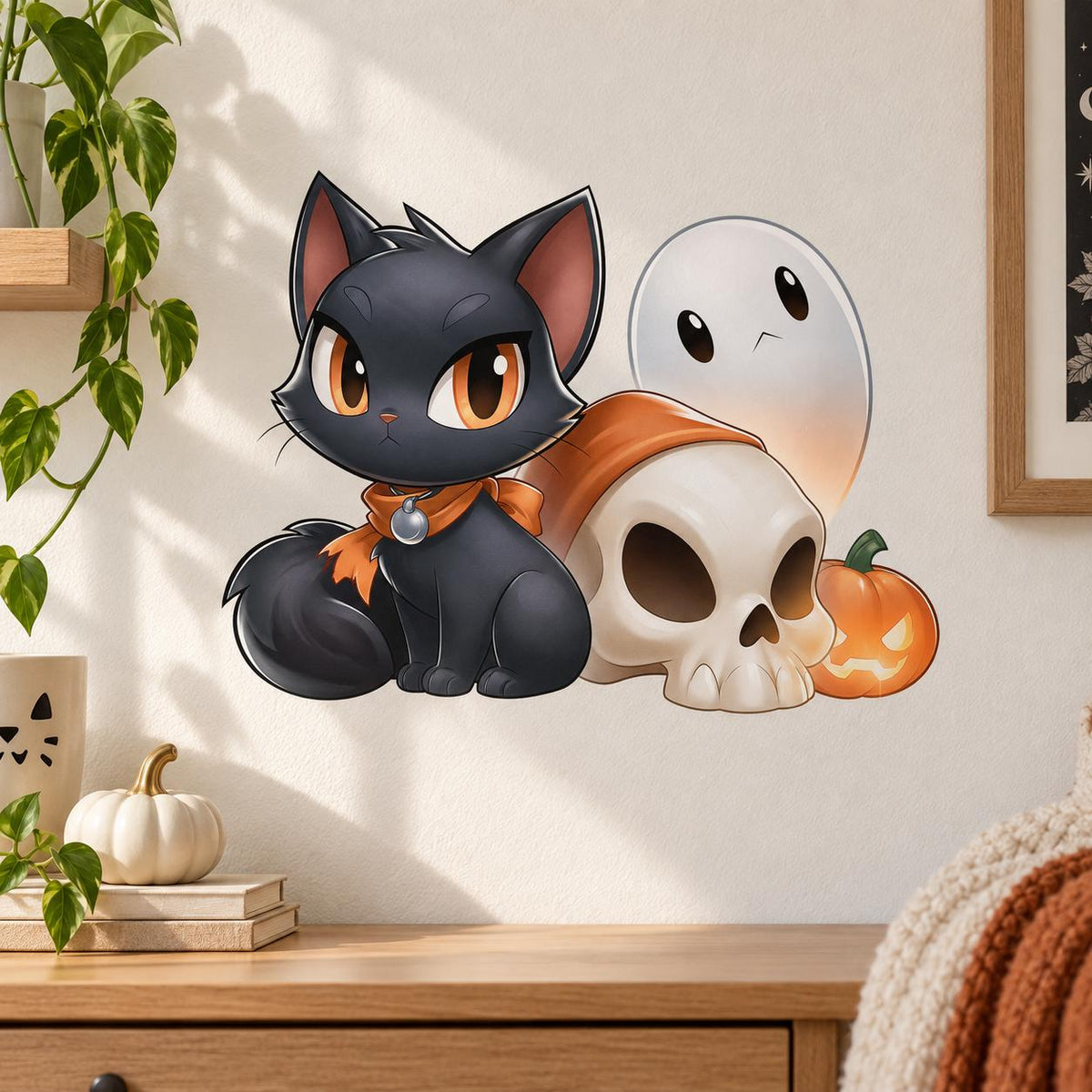 Black cat wearing an orange scarf-like collar beside a cream skull and orange pumpkin, with a friendly white ghost.