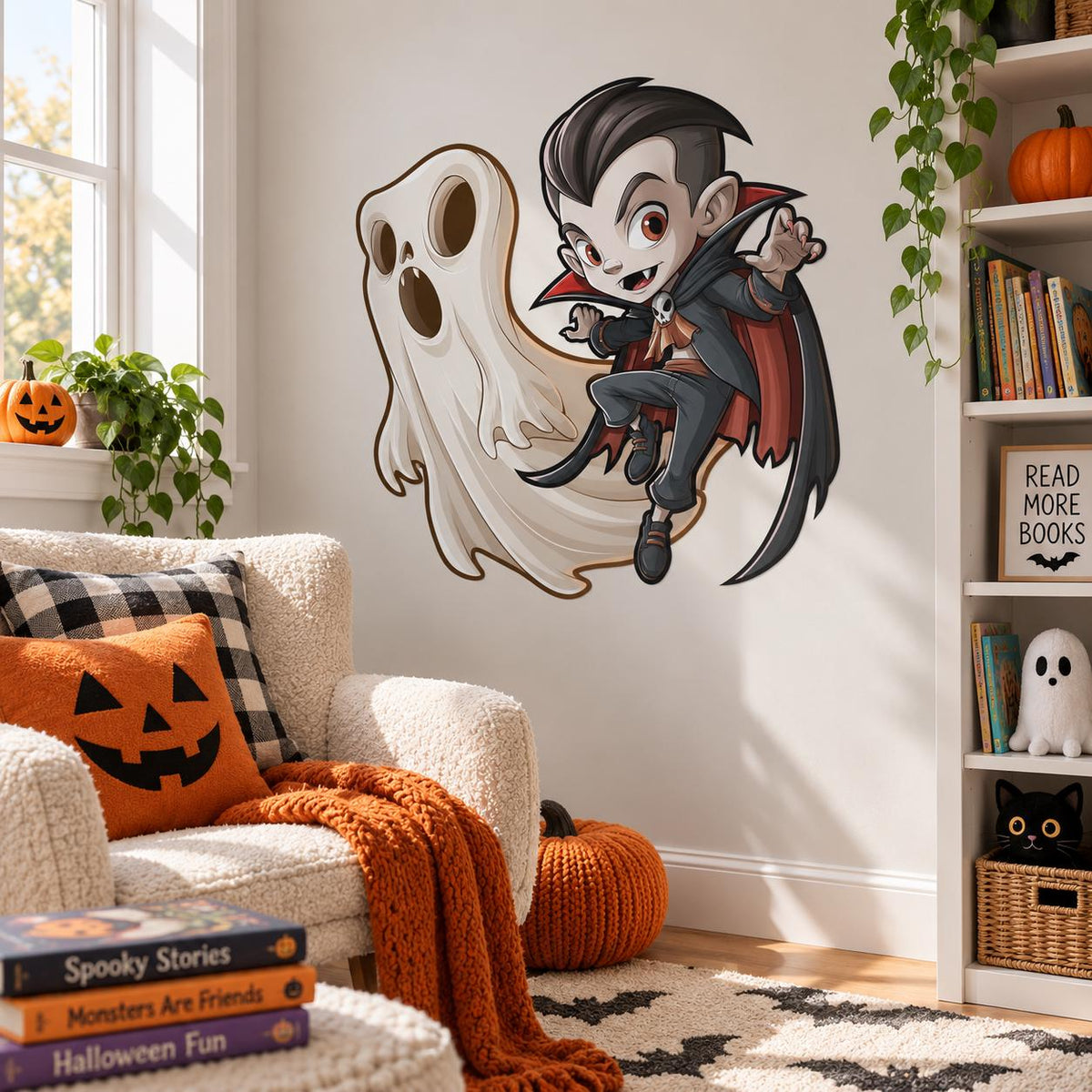 Cartoon Vampire and Ghost Wall Decal | Kids Halloween Bedroom Decor | Vinyl Wall Sticker | Playroom Spooky Wall Decoration | Ghost Decor