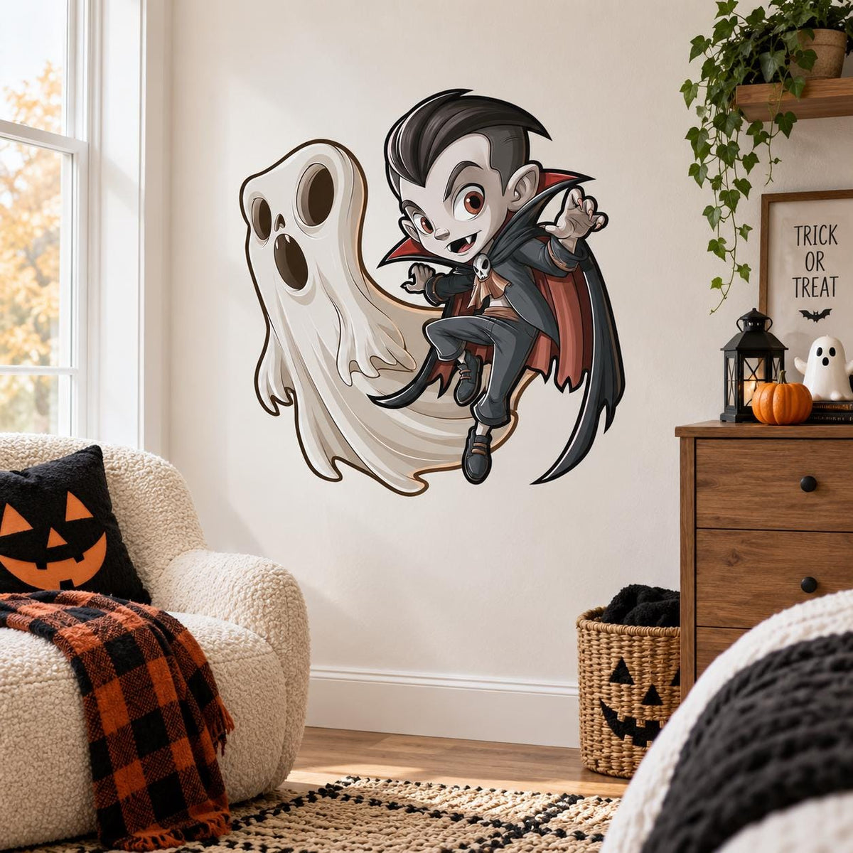 Cartoon Vampire and Ghost Wall Decal | Kids Halloween Bedroom Decor | Vinyl Wall Sticker | Playroom Spooky Wall Decoration | Ghost Decor
