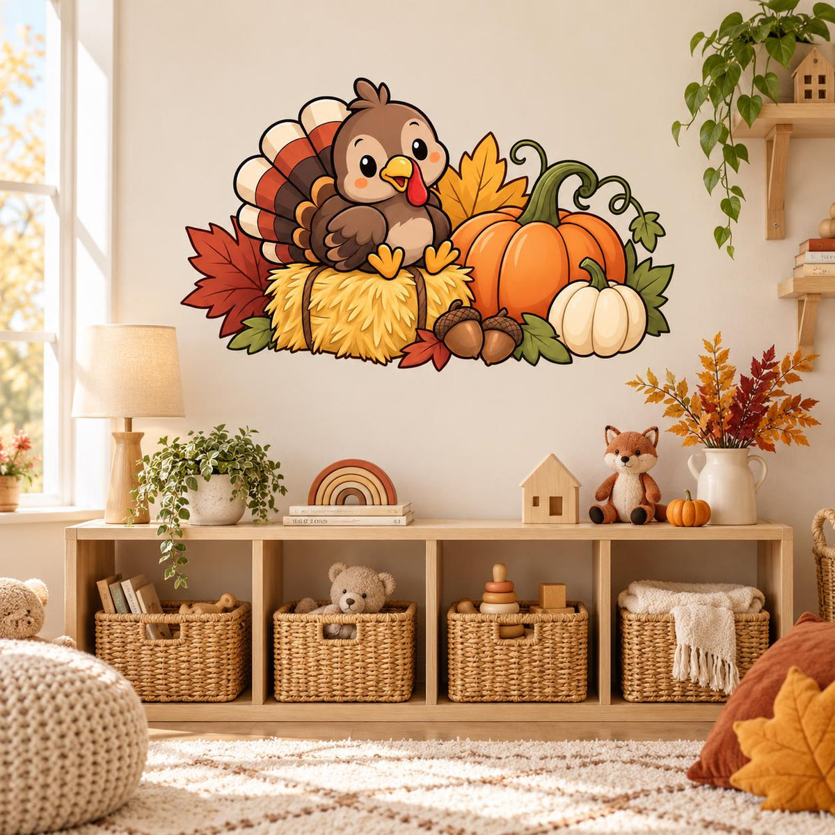 Cute Turkey Pumpkin Wall Decal | Thanksgiving Vinyl Wall Sticker | Fall Harvest Decor | Cartoon Autumn Decor | Kids Classroom Wall Decor