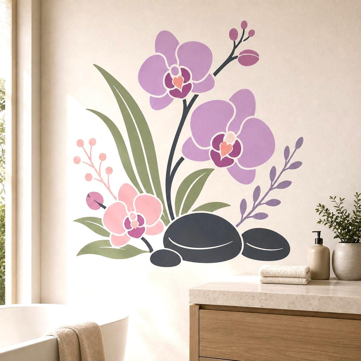Three lavender and blush orchids with green leaves and dark branches above black stones, shown on a bathroom wall.