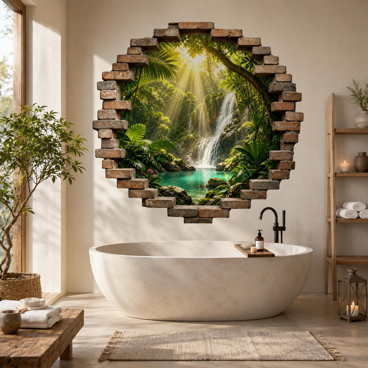 Tropical Waterfall Wall Decal | 3D Broken Brick Jungle Mural | Rainforest Wall Sticker | Nature Living Room Decor | Faux Window Wall Decor