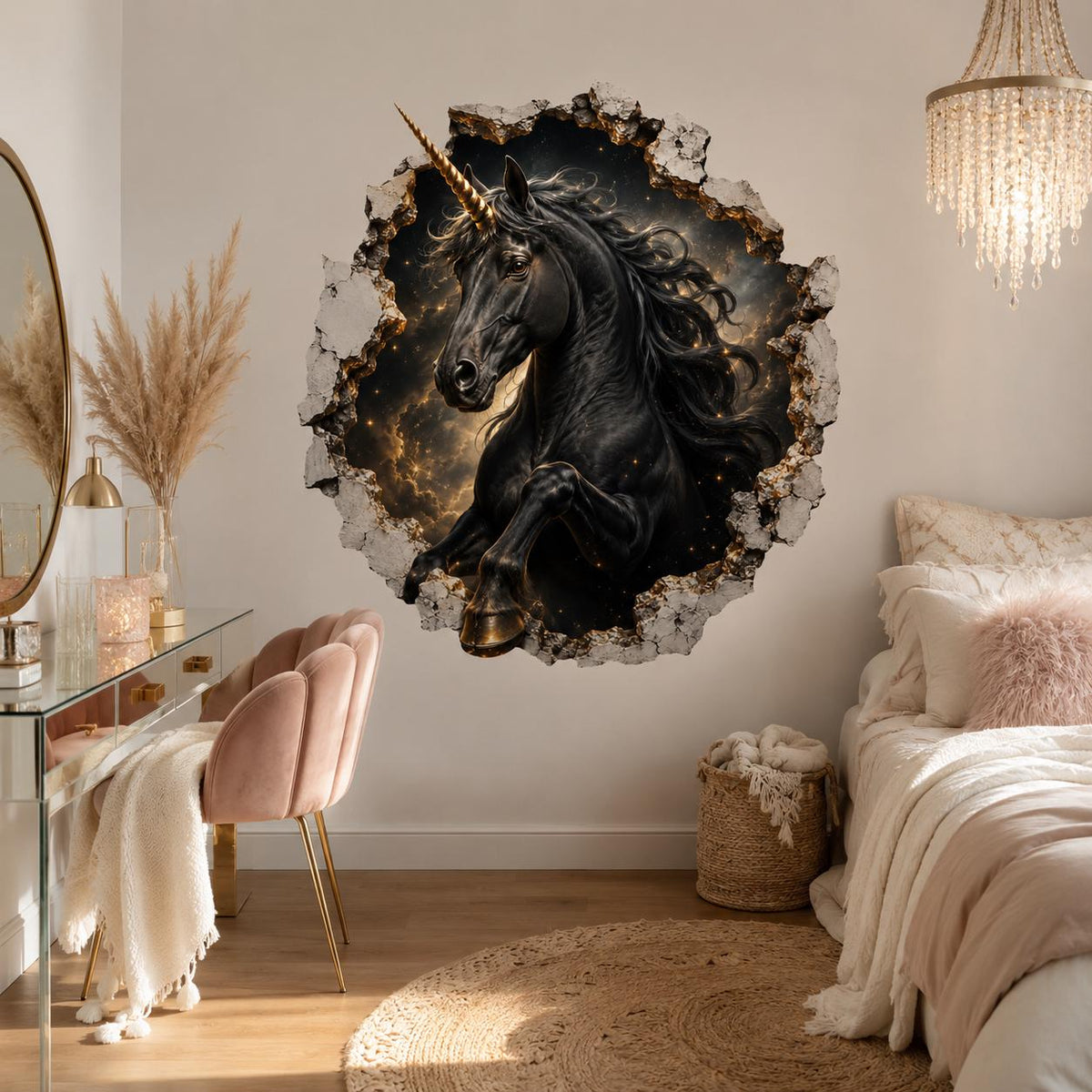 Black Unicorn Wall Decal | 3D Broken Wall Fantasy Vinyl Sticker | Celestial Bedroom Decor | Gothic Teen Room Wall Art | Cosmic Unicorn Art