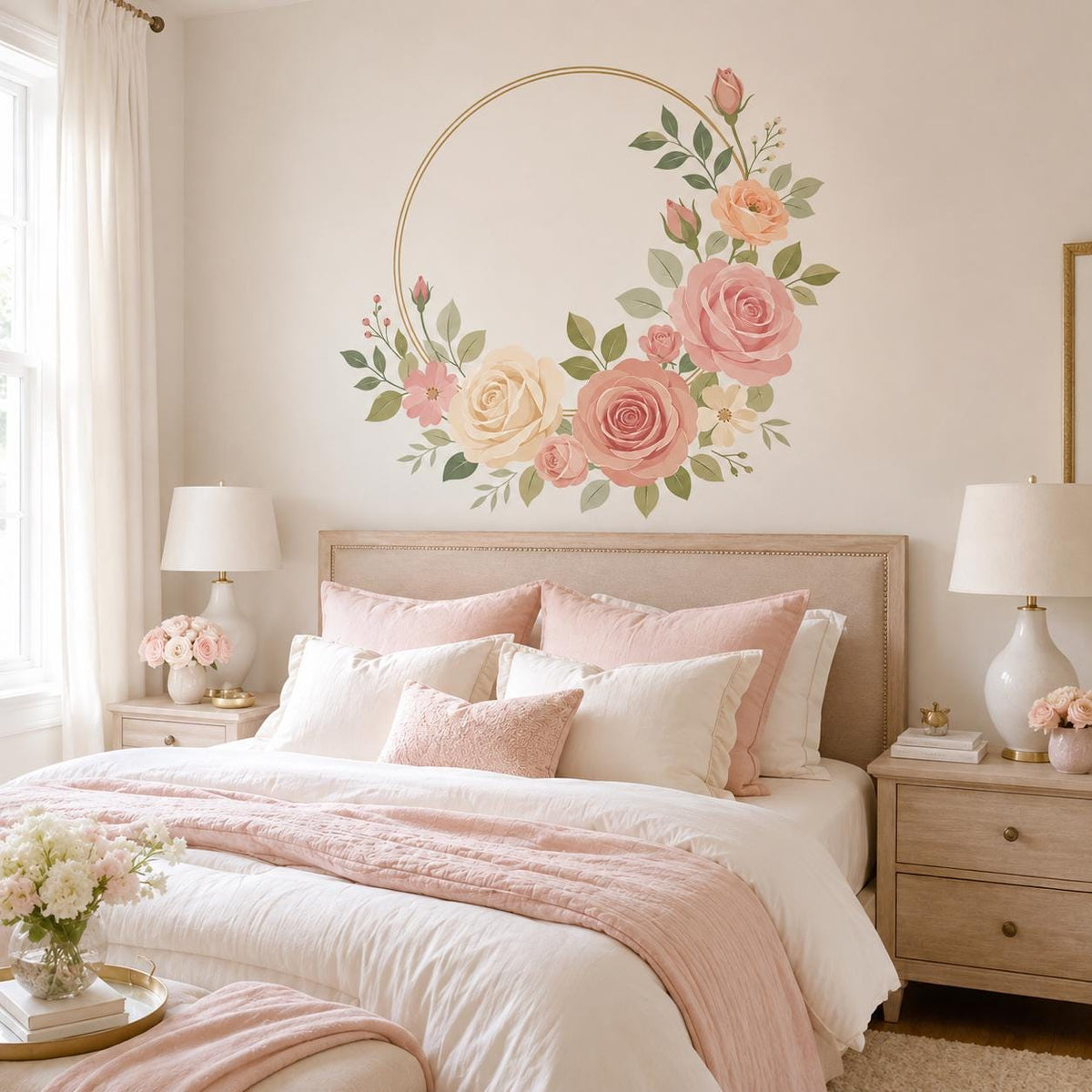 Floral Rose Gold Ring Circle Wall Decal | Watercolor Botanical Wall Sticker | Blush Pink Flower Bedroom and Nursery Decor | Vinyl Wall Art