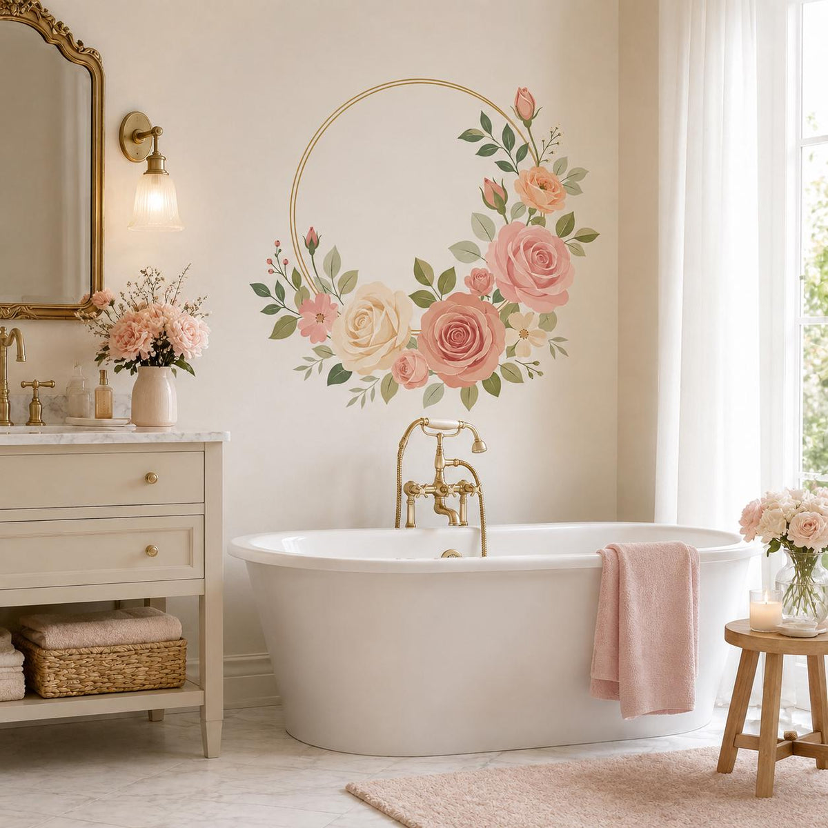 Floral Rose Gold Ring Circle Wall Decal | Watercolor Botanical Wall Sticker | Blush Pink Flower Bedroom and Nursery Decor | Vinyl Wall Art