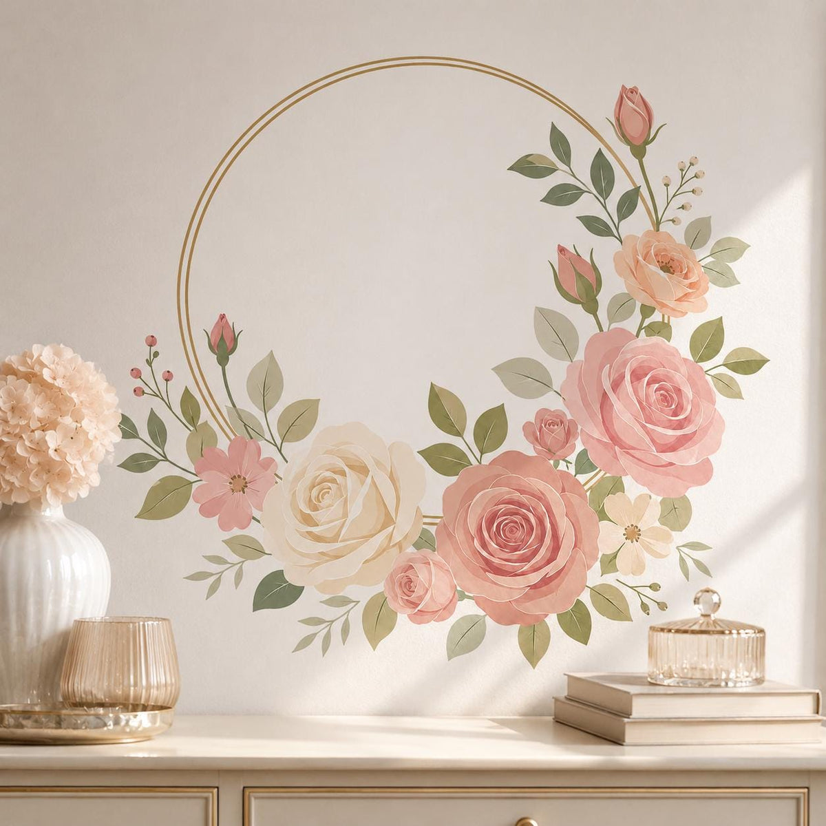 Thin double gold-colored circle with blush, peach, coral and ivory roses and muted green leaves along its lower right edge.