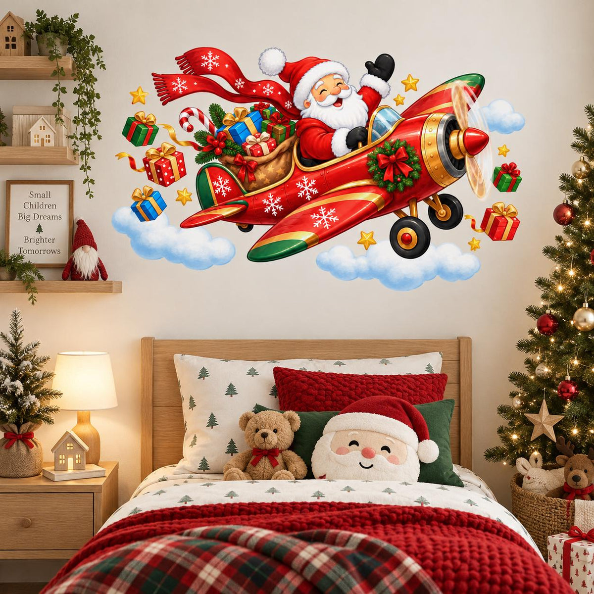 Santa Airplane Wall Decal | Christmas Wall Sticker for Kids Room | Flying Santa Sleigh Holiday Bedroom Decor | Vinyl Wall Decoration Nursery
