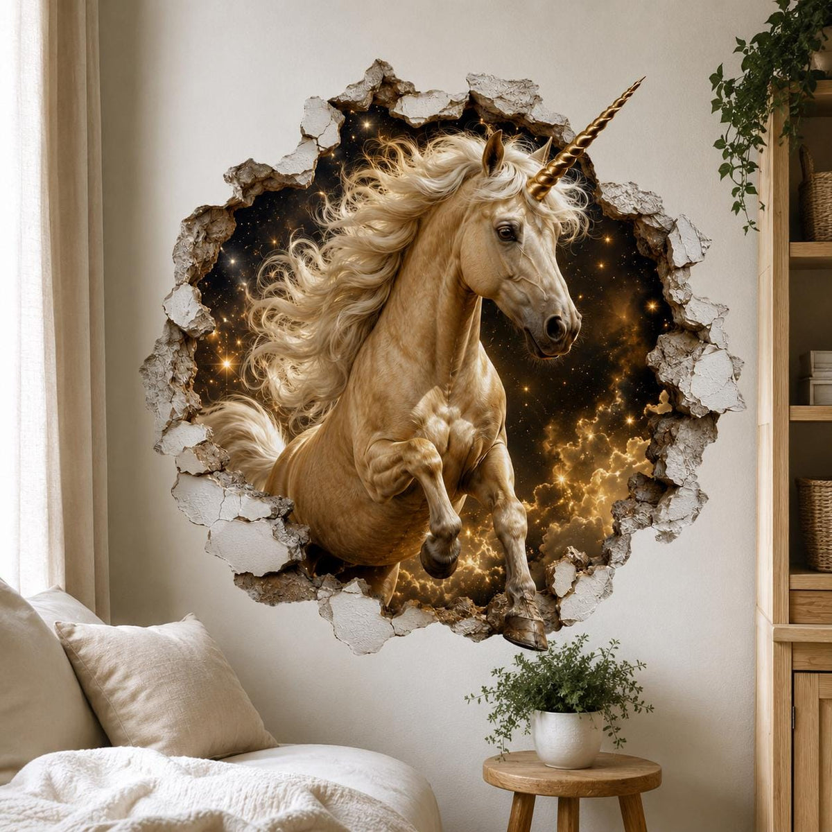 Cream unicorn rearing through a printed cracked-plaster opening, with a dark star field, gold-colored horn and golden clouds.