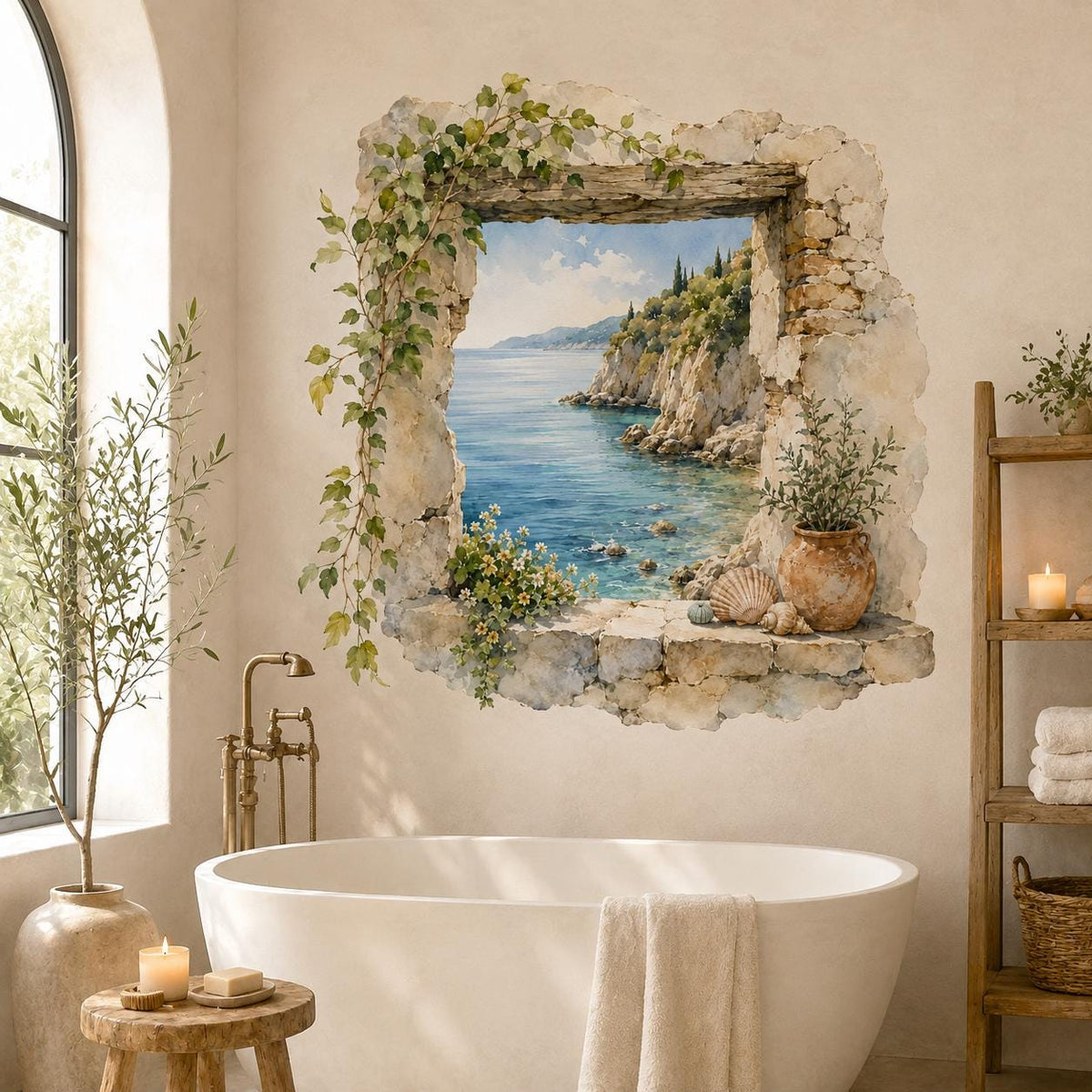 Stone Window Ocean View Wall Decal | Watercolor Mediterranean Coastal Mural | Rustic Seaside Wall Sticker | Vinyl Wall Decor | Seaside Decor