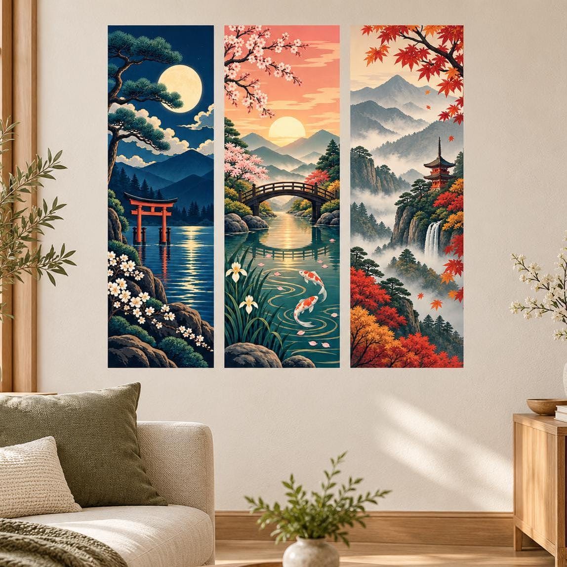 Japanese landscape wall decal with a moonlit torii gate, koi beneath a bridge, and a pagoda beside a waterfall in three panels.