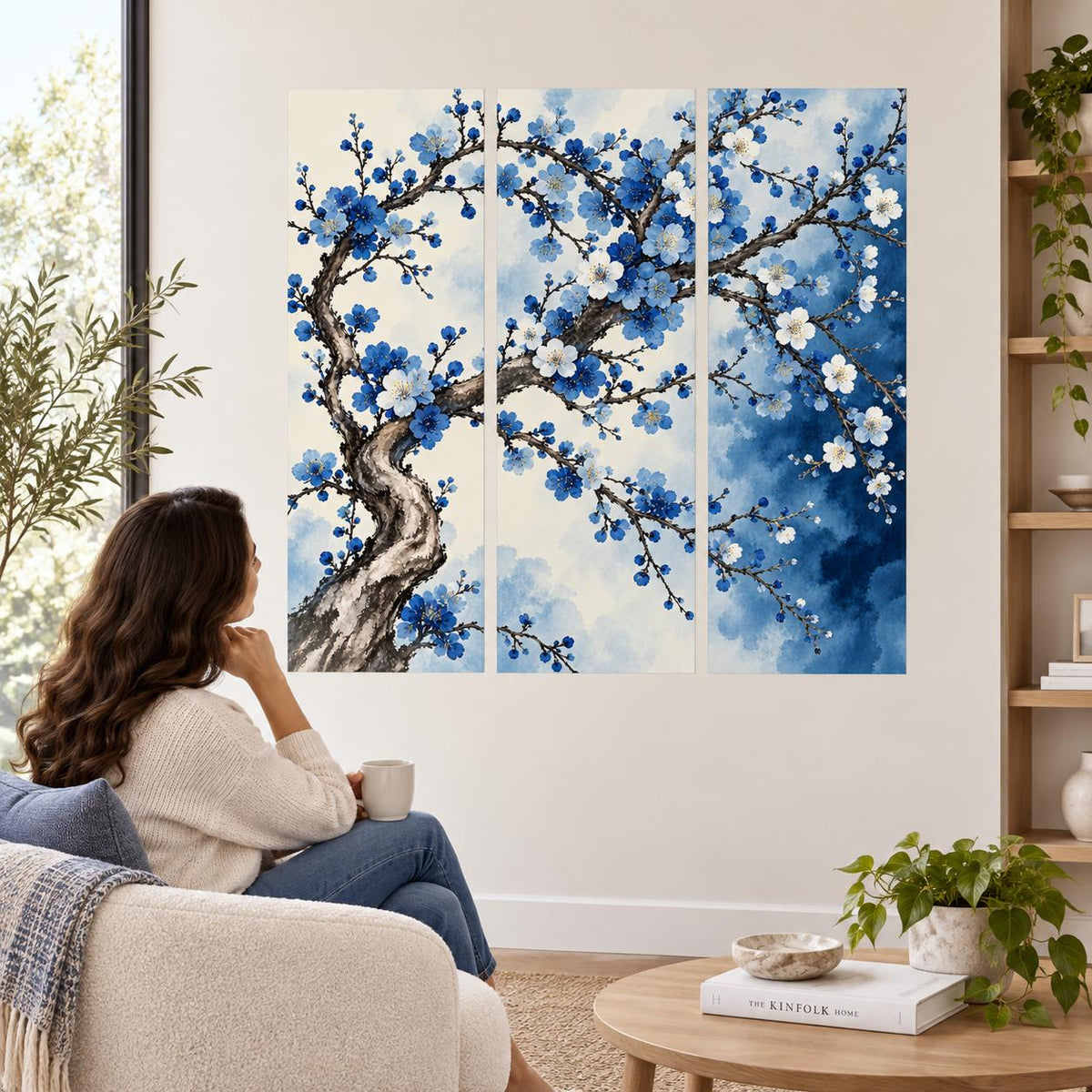 Blue Blossom Tree Wall Decal | Floral Branch Wall Sticker | Blue Blossom Triptych Decor | Botanical Bedroom Wall Art | Elegant Floral Design