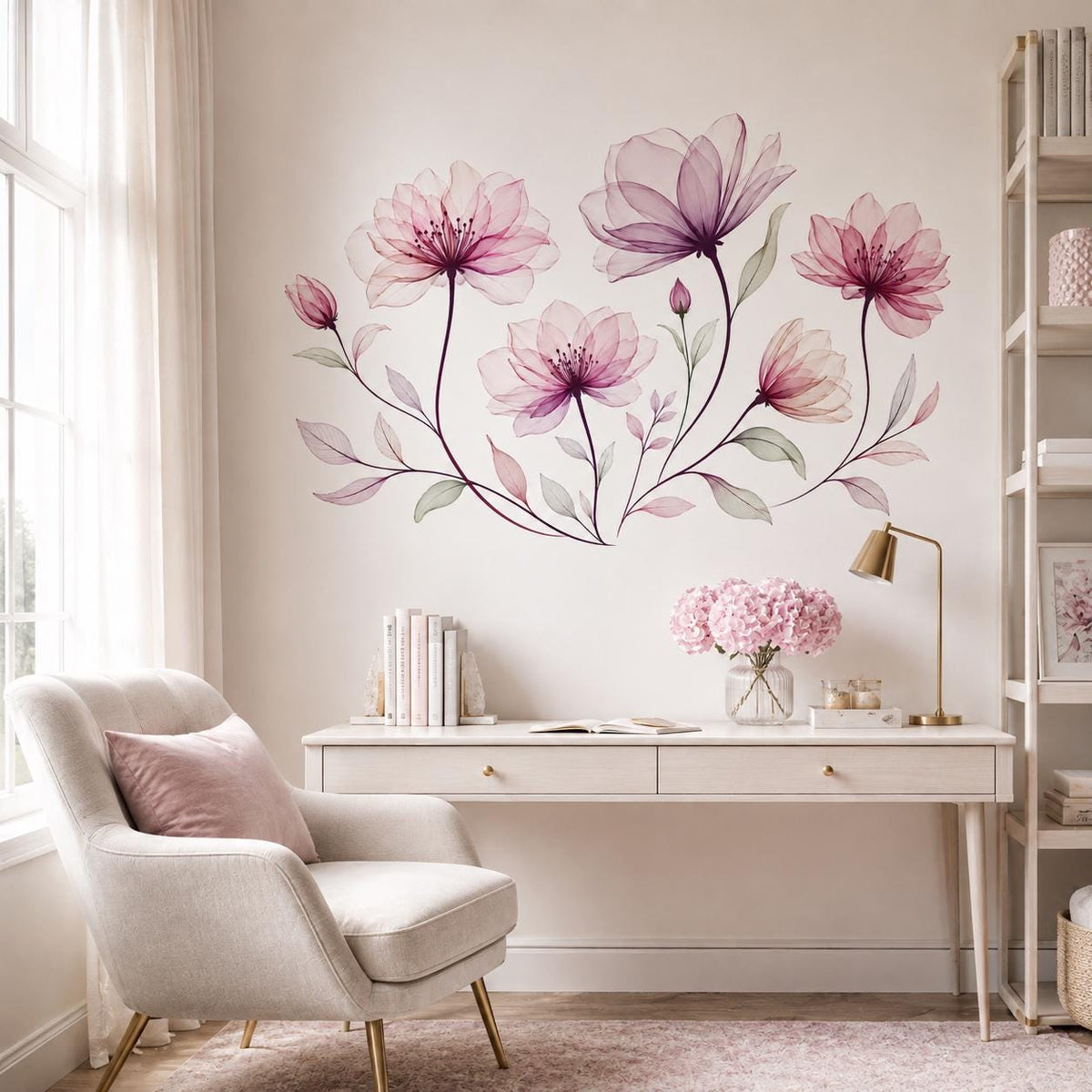 Pink Floral Wall Decal | Blush Flower Wall Sticker | Transparent Petal Wall Art | Romantic Bedroom Decor | Elegant Botanical Wall Decoration