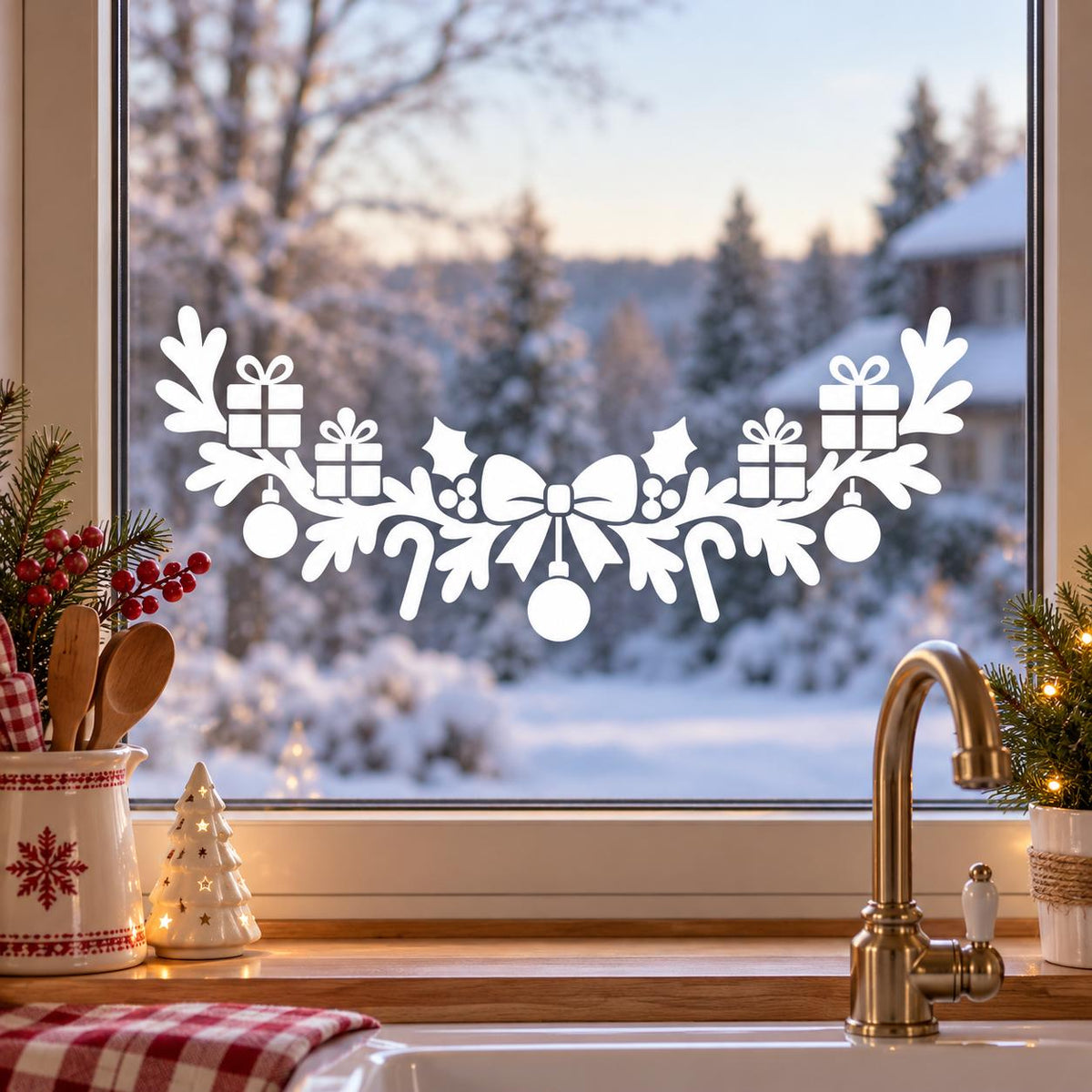 White Christmas window decal with a large bow, hanging ornament, evergreen branches, gift boxes and candy canes.