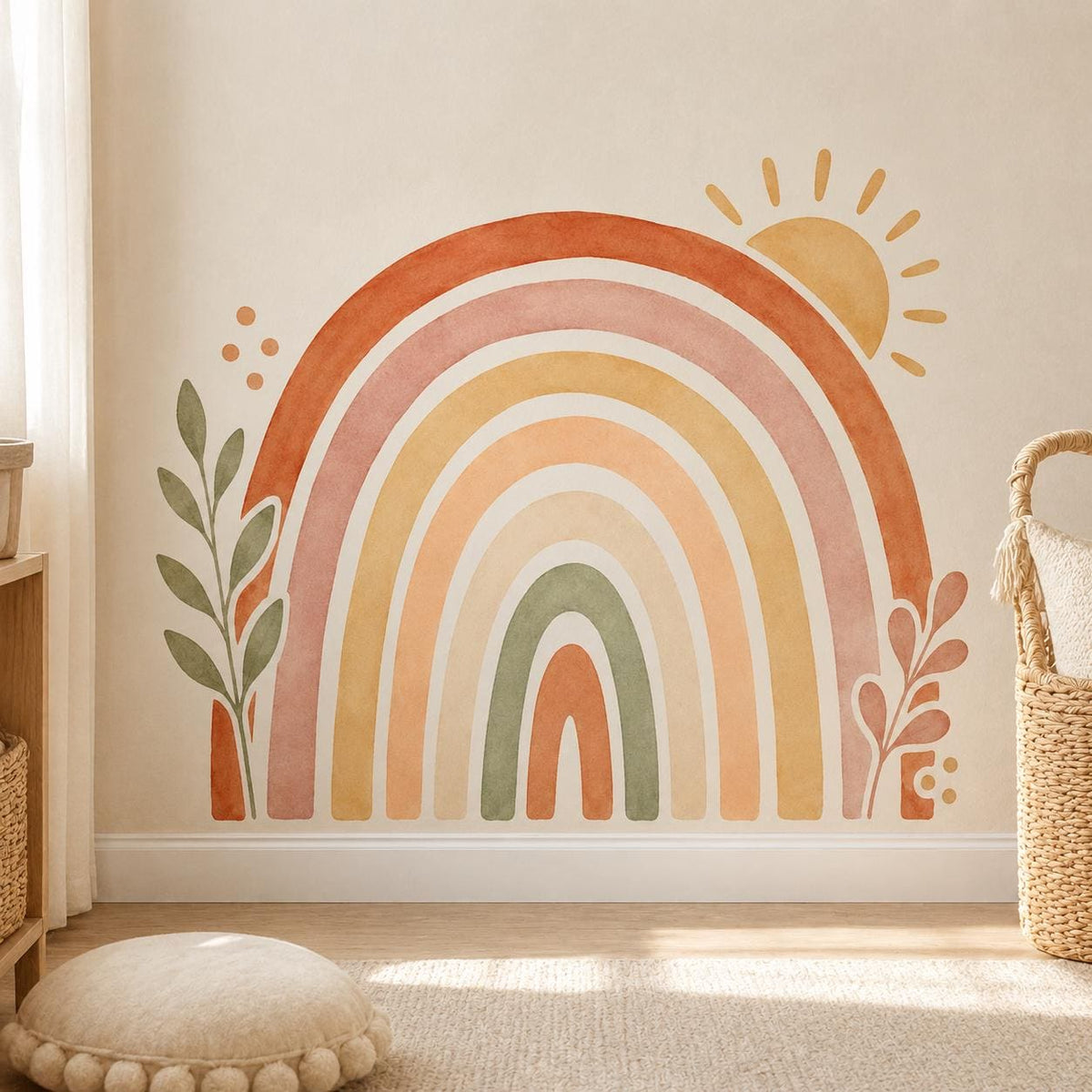 Boho Rainbow Wall Decal Sun and Botanical Leaves | Earth Tone Nursery Wall Decor | Gender Neutral Kids Room Mural | Watercolor Vinyl Decal