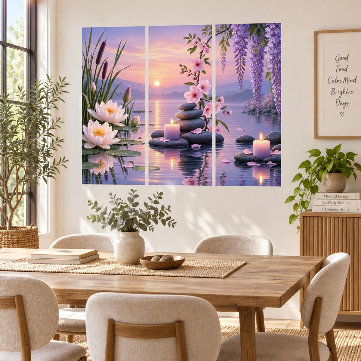 Botanical pond decal featuring water lilies, draping purple wisteria and spa candles in sunset colors.