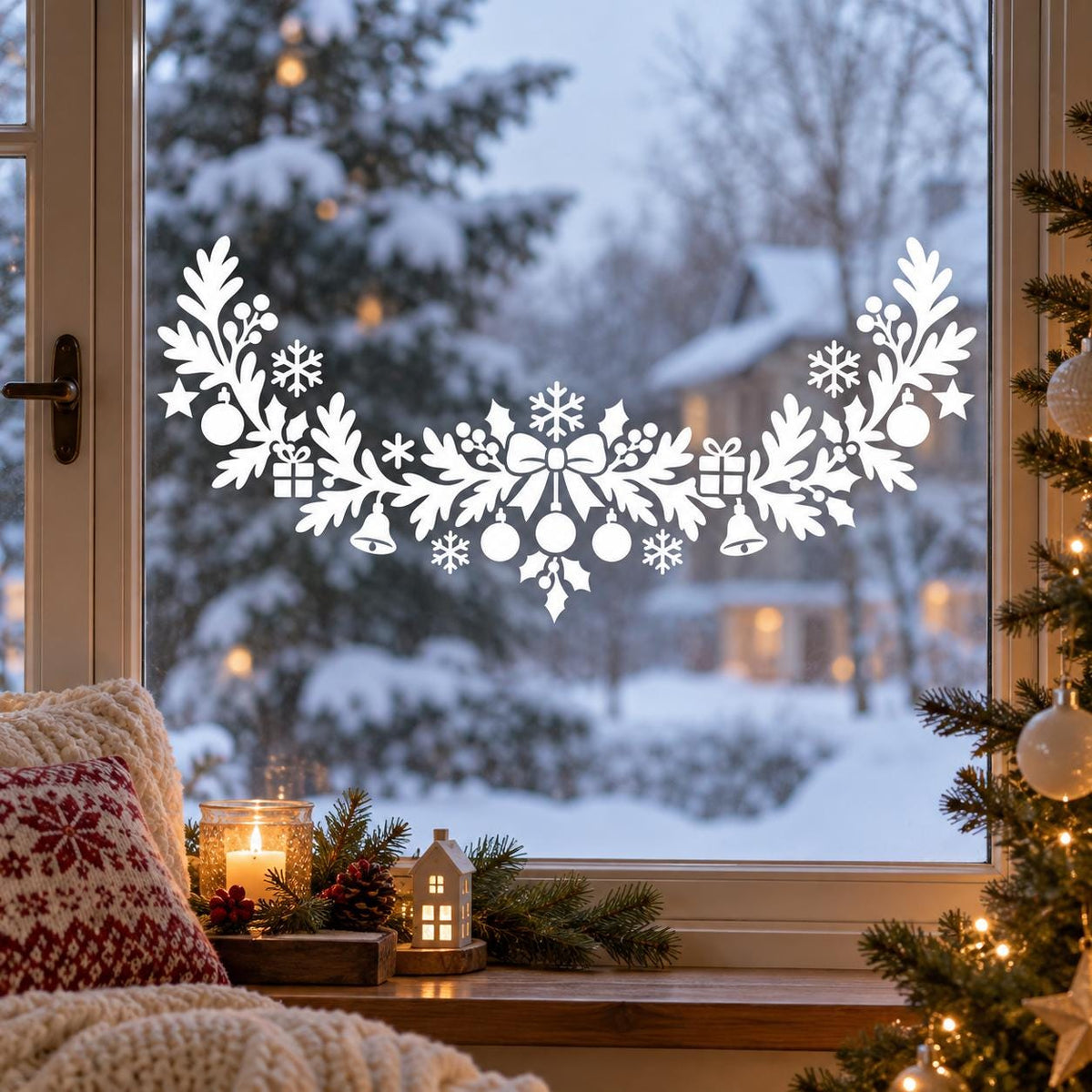 Christmas Garland Window Decal | White Holiday Window Decor | Botanical Ornament and Snowflake Vinyl Decal | Festive Glass Window Decoration