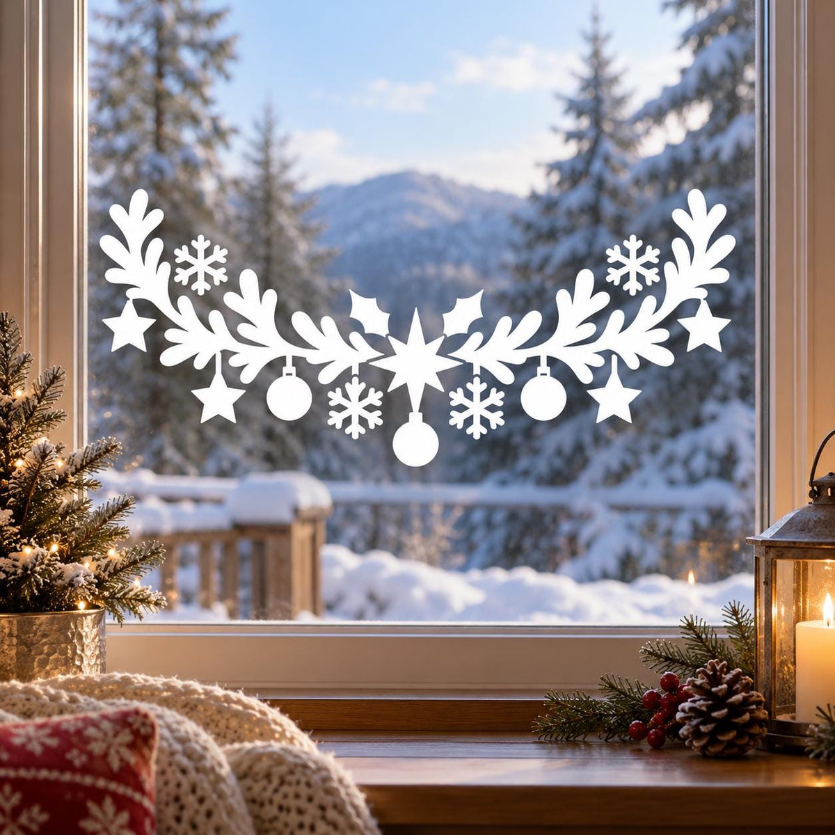 White evergreen window garland with a large central star, hanging round baubles and star ornaments, surrounded by snowflakes.