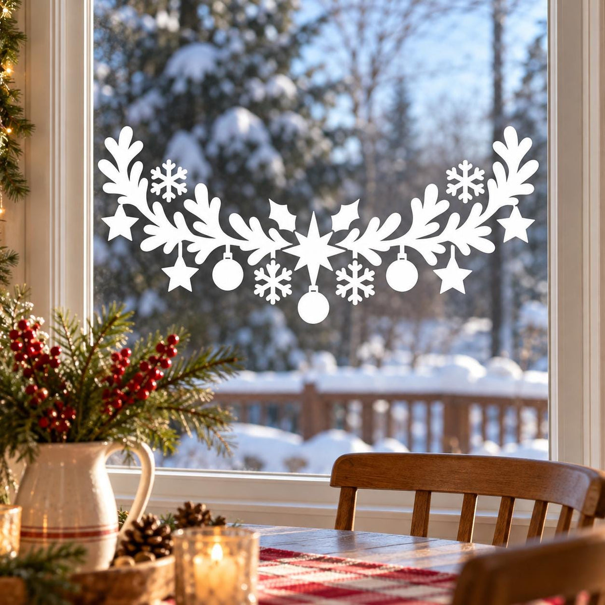 Christmas Garland Window Decal with Ornaments and Snowflakes | White Vinyl Wall Sticker | Scandinavian Winter Indoor Glass Window Decor