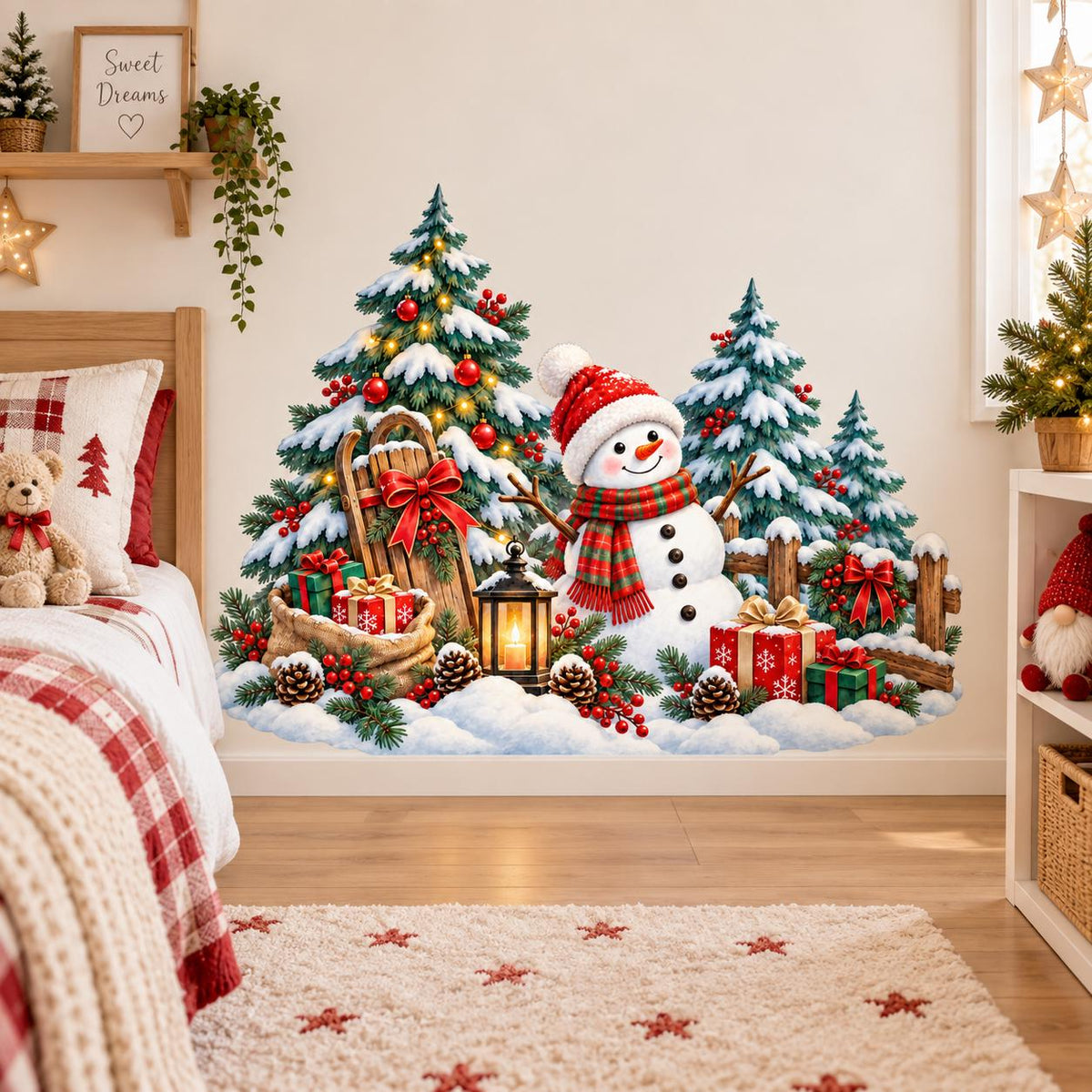 Christmas snowman wall sticker with wrapped presents, a lantern, sled and rustic fence in a snowy scene.