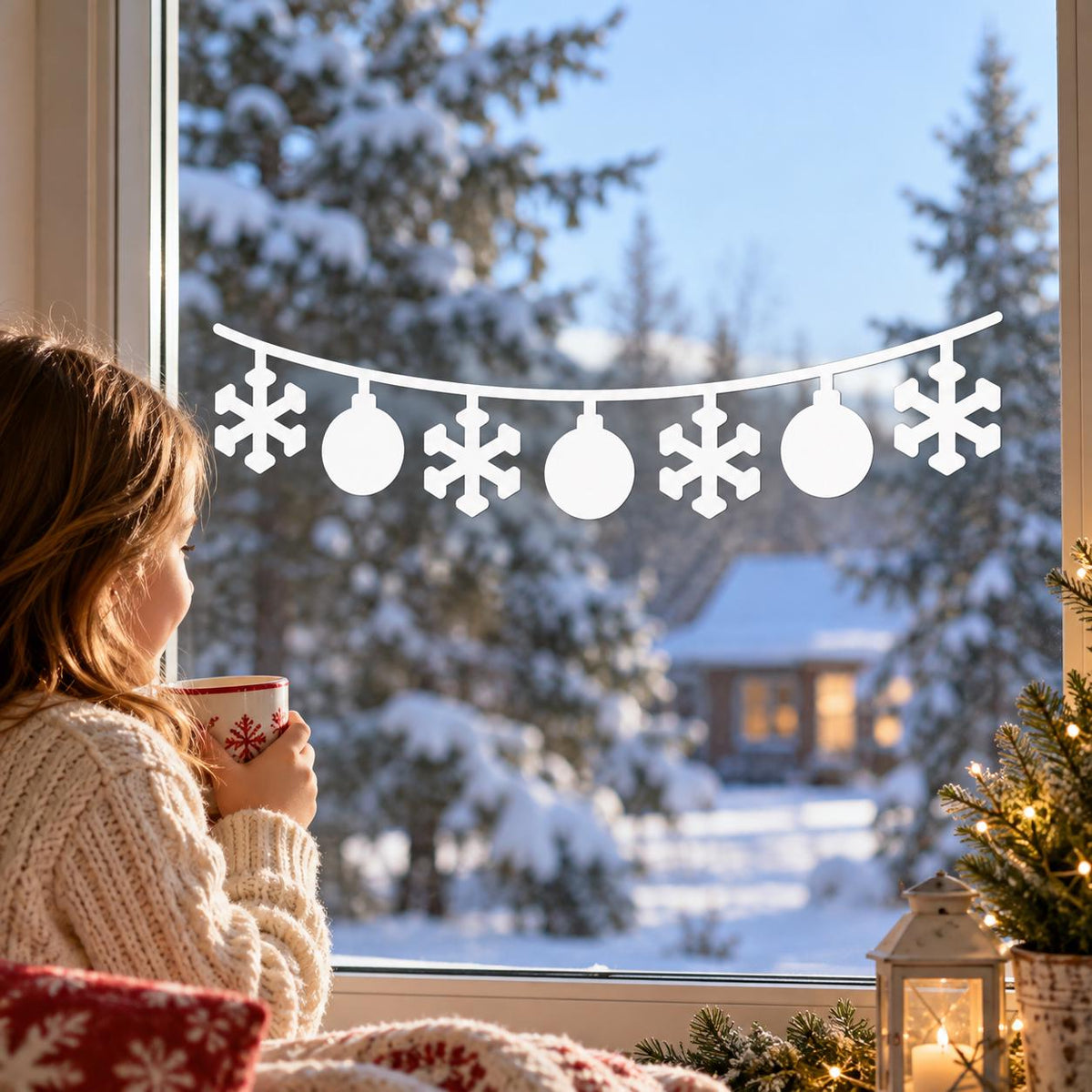 Winter Snowflake Ornament Window Decal | White Christmas Garland Vinyl Sticker | Minimalist Holiday Window Decor | Snowy Home Window Display