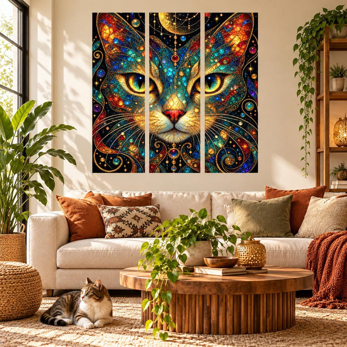 Fantasy feline wall sticker with a cat surrounded by colorful stained glass motifs, celestial stars and planets.