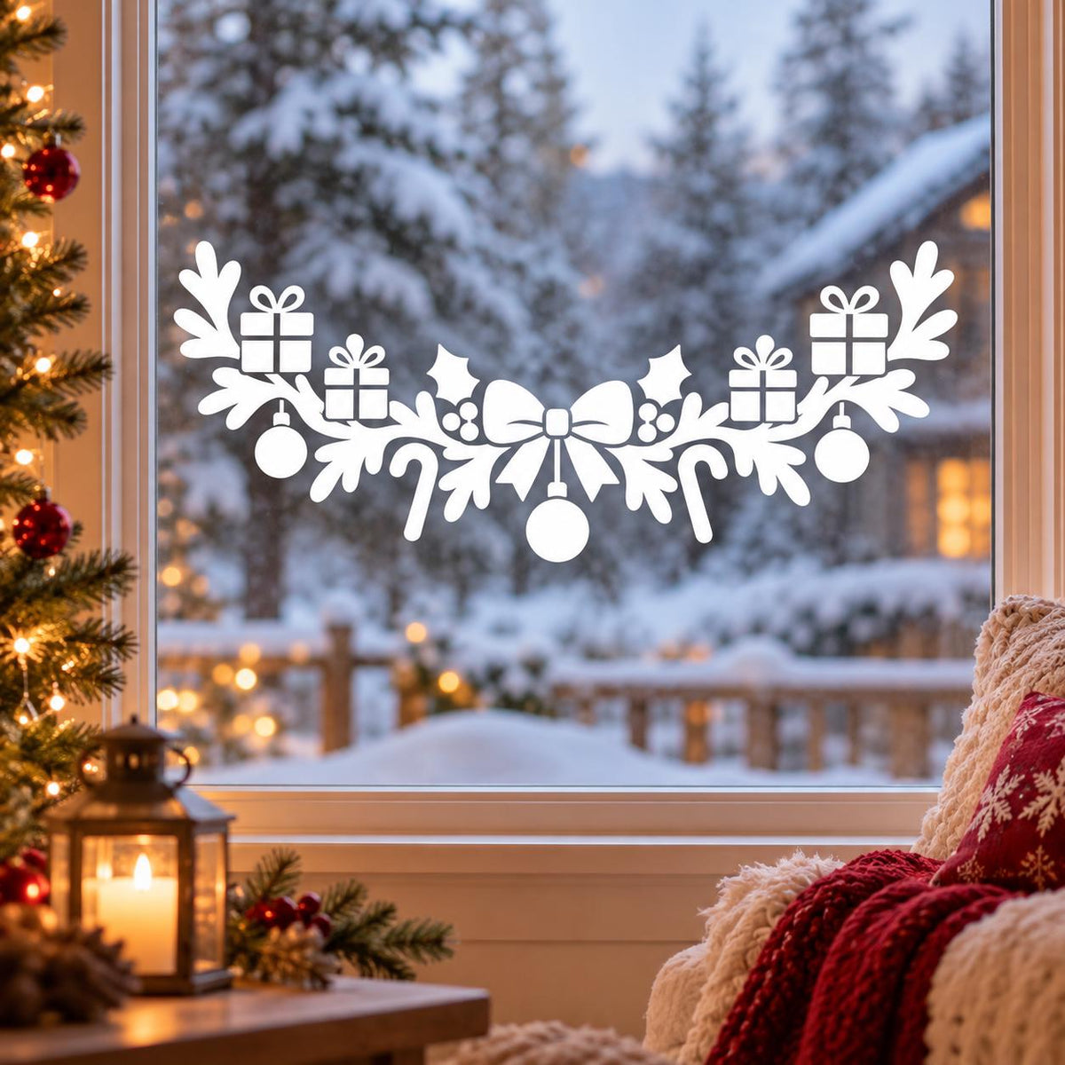 White Christmas Window Decal with Bow, Gifts and Ornaments | Holiday Kitchen Window Decor | Vinyl Window Sticker | Winter Home Window Decor