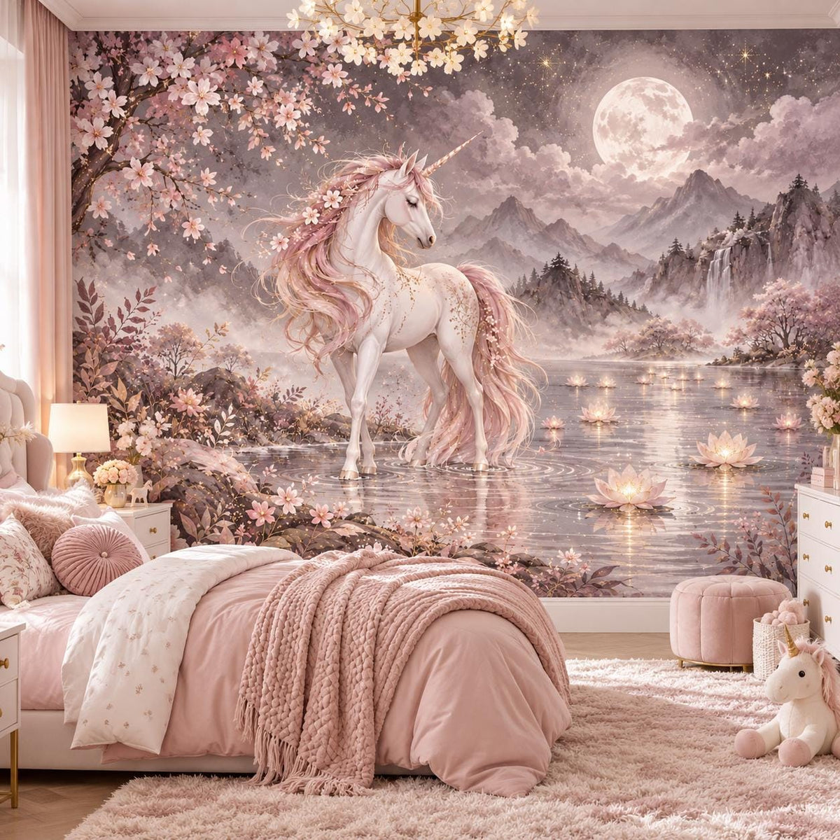 White unicorn with a pink mane beside a moonlit lake, cherry blossoms, lotus flowers and misty mountains in a bedroom wall mural.