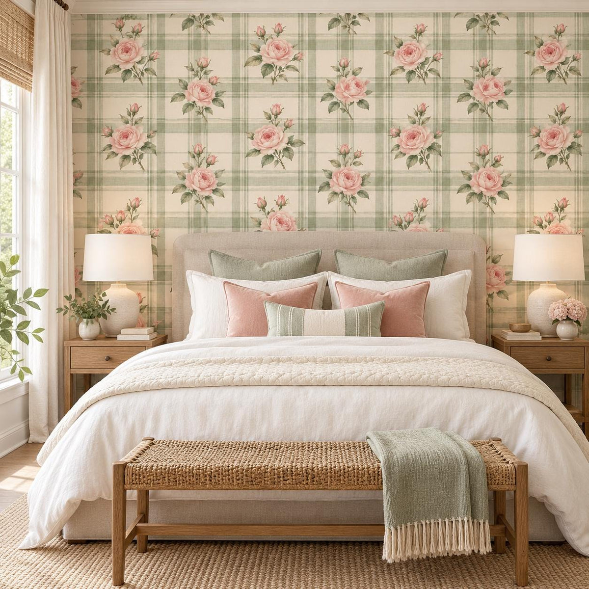 Pink Rose Floral Plaid Wallpaper | Self Adhesive Vinyl Wall Mural | Cottage Kitchen Decor | Vintage English Country Pattern | Sage Green
