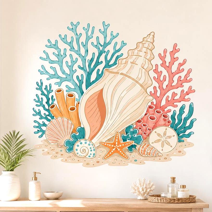 Cream spiral seashell surrounded by turquoise and coral branches, an orange starfish, smaller shells and sandy seabed details.