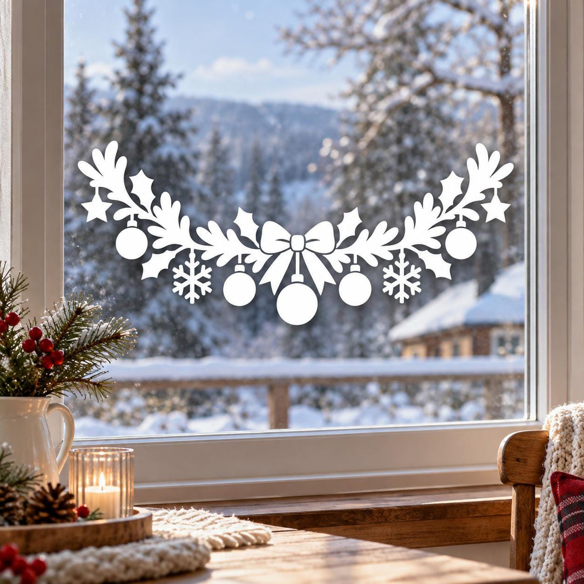 Christmas Garland Window Decal | White Bow, Ornaments and Snowflakes | Holiday Vinyl Wall Decal | Festive Window Decor | Glass Door Accent