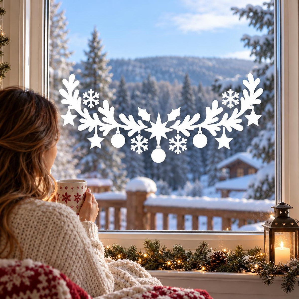 Christmas Garland Window Decal with Ornaments and Snowflakes | White Vinyl Wall Sticker | Scandinavian Winter Indoor Glass Window Decor