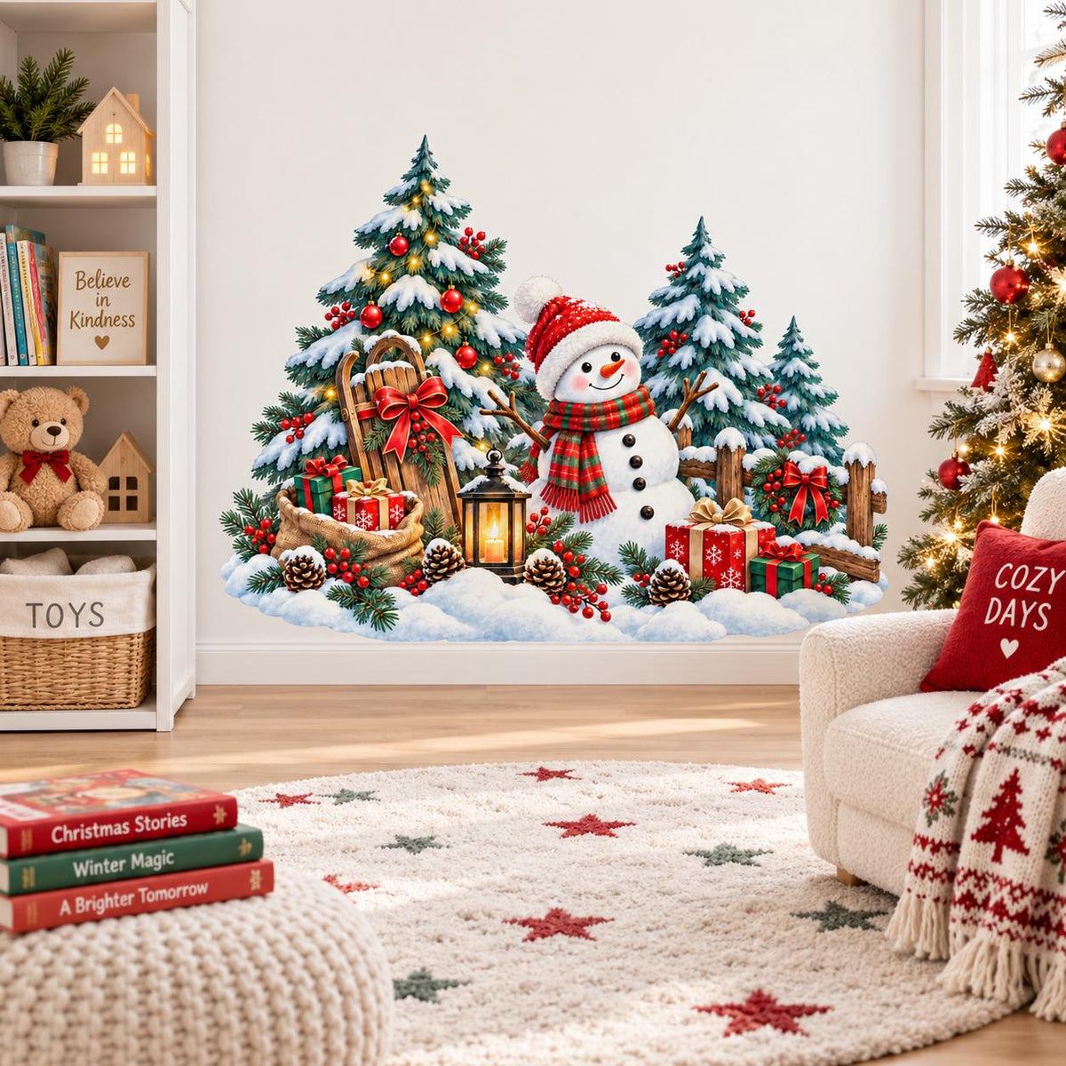 Winter woodland wall decal showing a snowman in a red hat and scarf beside snowy evergreens and a Christmas tree.