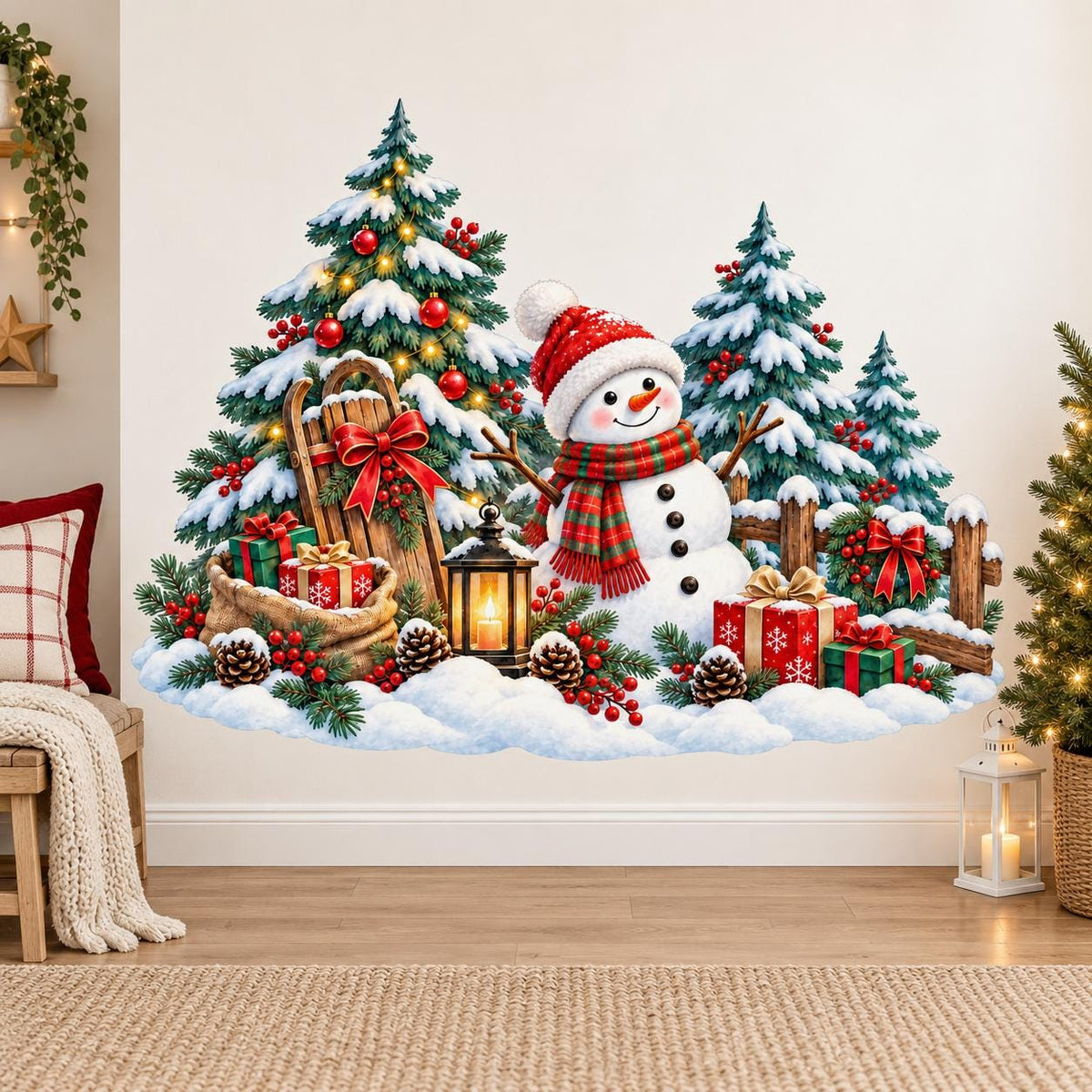 Snowman in a red hat and striped scarf beside a Christmas tree, snowy evergreens, gifts, a sled, lantern and rustic fence.