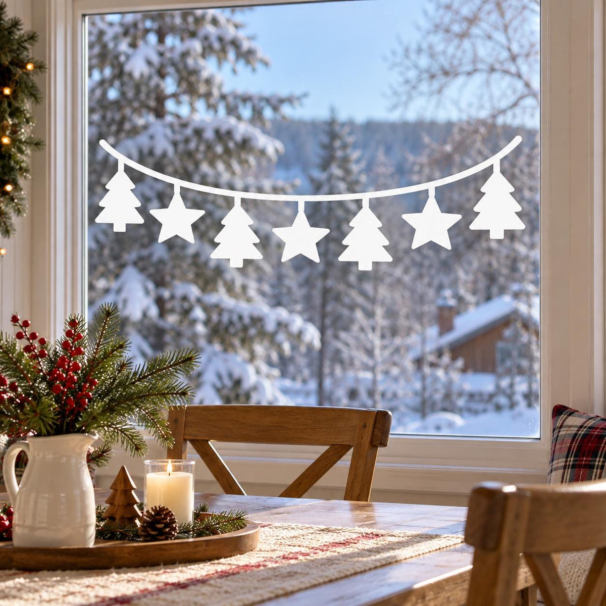 Christmas Tree and Star Garland Window Decal | White Vinyl Holiday Sticker | Minimalist Winter Home Decor | Scandinavian Christmas Decor