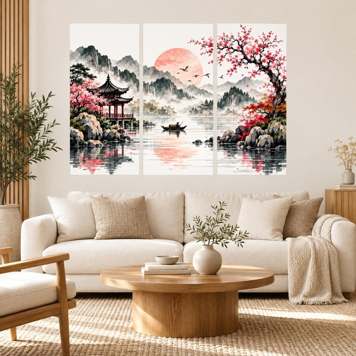 Asian Landscape Wall Decal Pagoda and Flowering Trees | Watercolor Mountain Lake Mural | Vinyl Living Room Decor | Cherry Blossom Wall Art