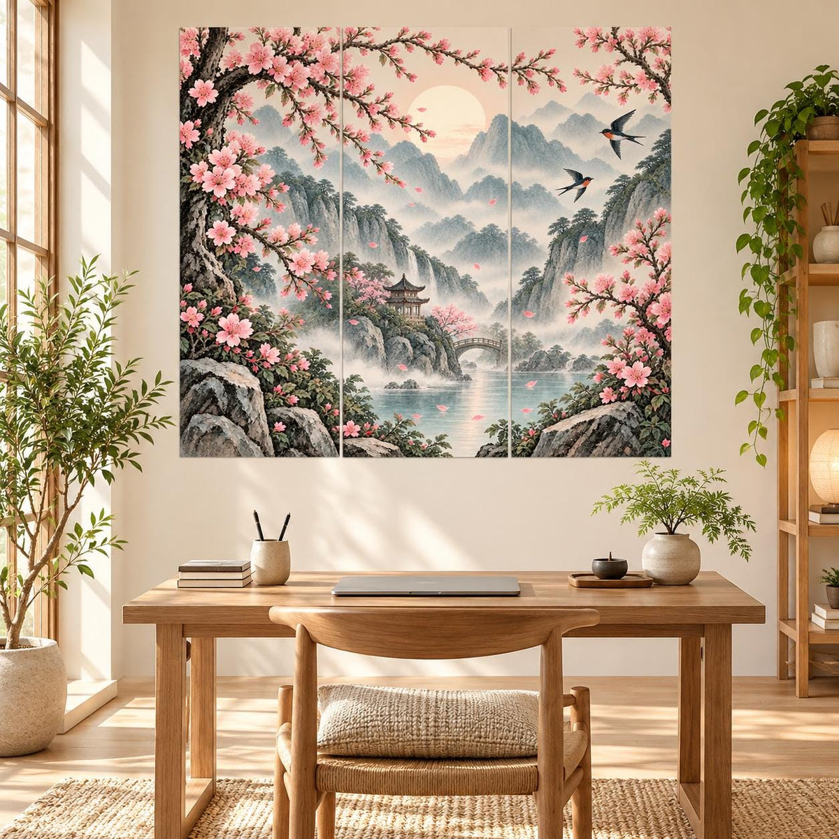Cherry Blossom Mountain Landscape Wall Decal | Misty Pagoda and Bridge Scene | Vinyl Wall Decor for Bedroom or Living Room | Three Panel