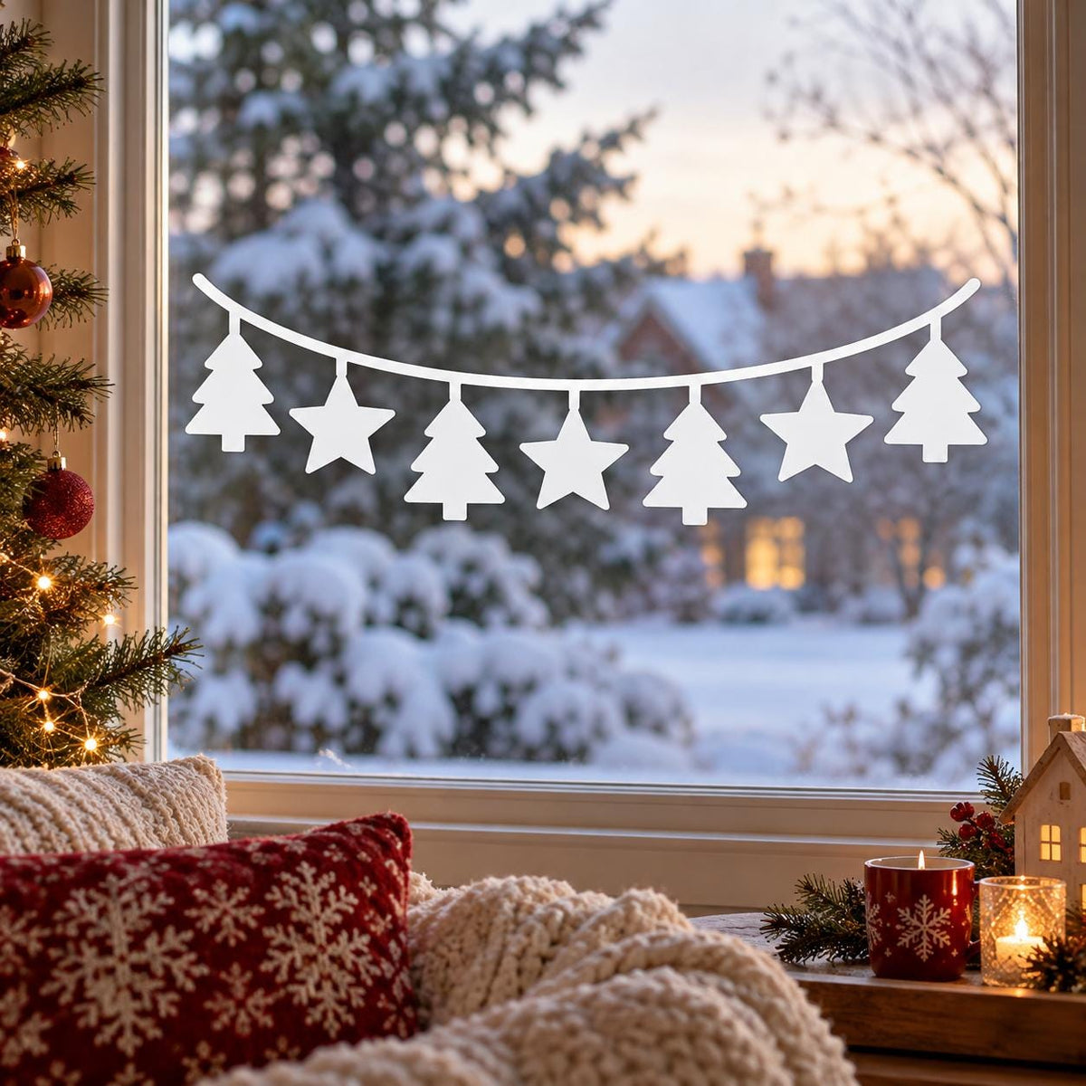 Christmas Tree and Star Garland Window Decal | White Vinyl Holiday Sticker | Minimalist Winter Home Decor | Scandinavian Christmas Decor