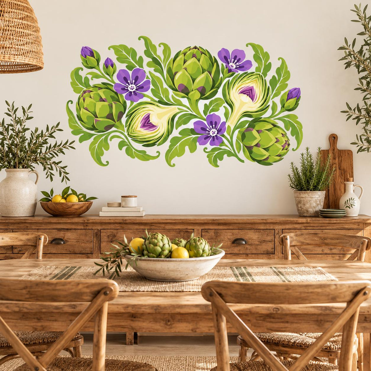 Artichoke Botanical Wall Decal | Colorful Vegetable Floral Kitchen Decor | Vinyl Garden Wall Sticker | Cottage Dining Room Decor Wall Art