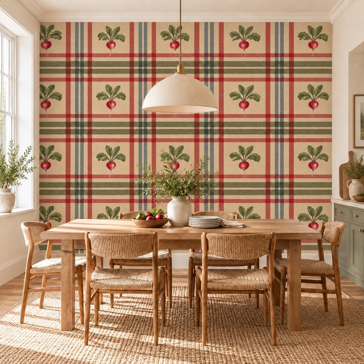 Radish plaid wallpaper with red vegetables, green leaves and red, green and blue gray stripes on a warm tan background.