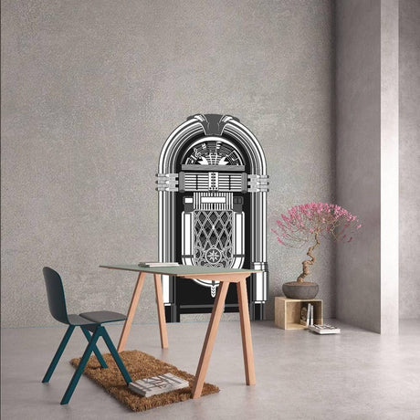 Vintage jukebox vinyl wall decal in modern room decor, adding nostalgic charm to the space.