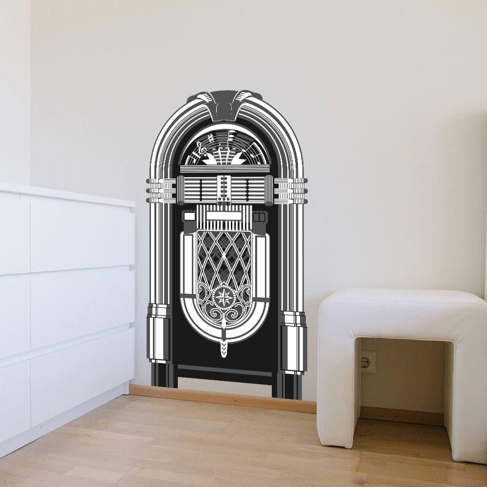 Retro jukebox vinyl wall decal adding vintage charm to a room, enhancing nostalgic decor.