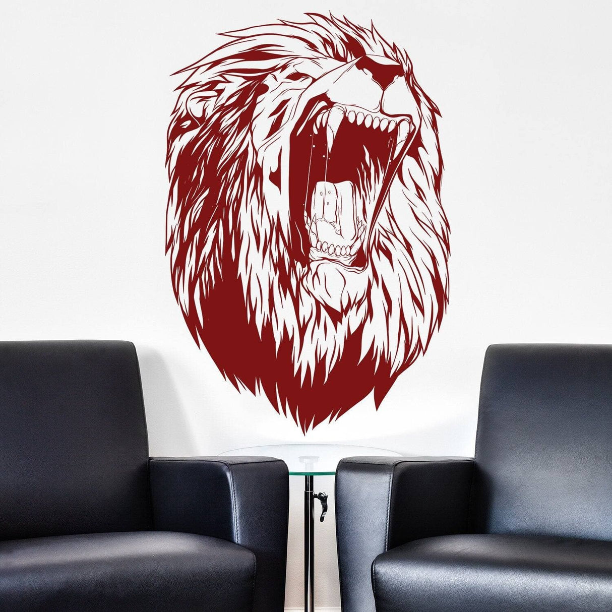 Lion King wall vinyl sticker on a white wall, roaring lion design above black chairs, adding jungle vibe to decor.