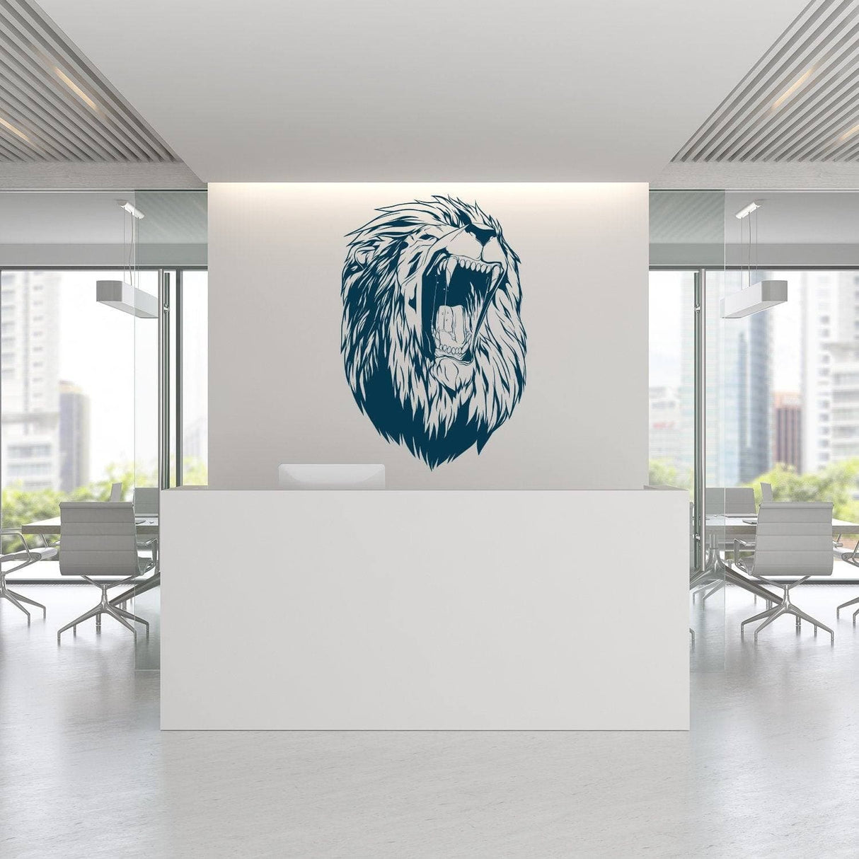 Lion King wall vinyl sticker of a roaring lion head displayed in a modern office reception area.