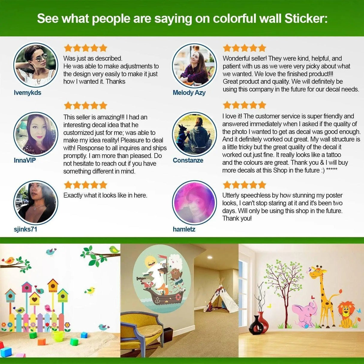 Customer reviews and testimonials for colorful wall stickers, showcasing satisfaction and vibrant designs in various rooms.