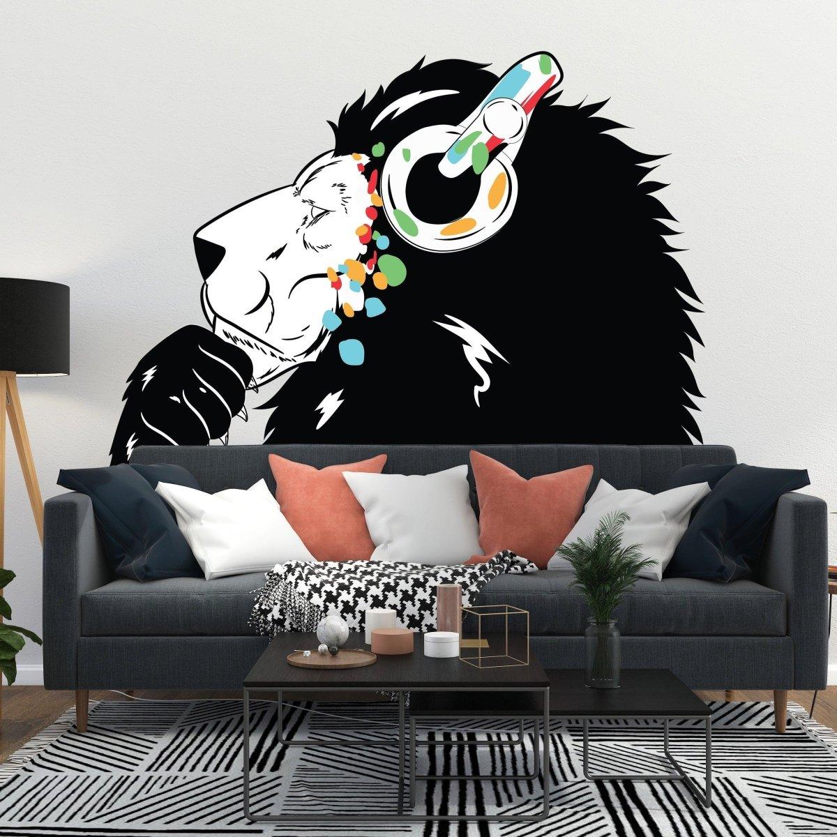 Lion wall sticker with headphones, colorful accents, adding a fun touch to kids' room decor.