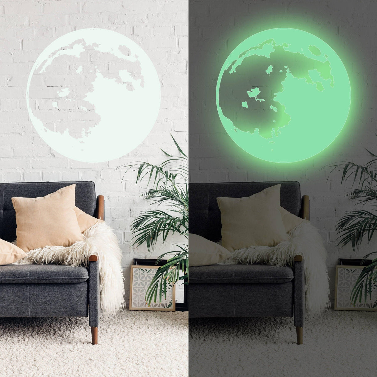 Luminous Lunar Delight moon wall sticker glowing in dark above modern couch in cozy room setting
