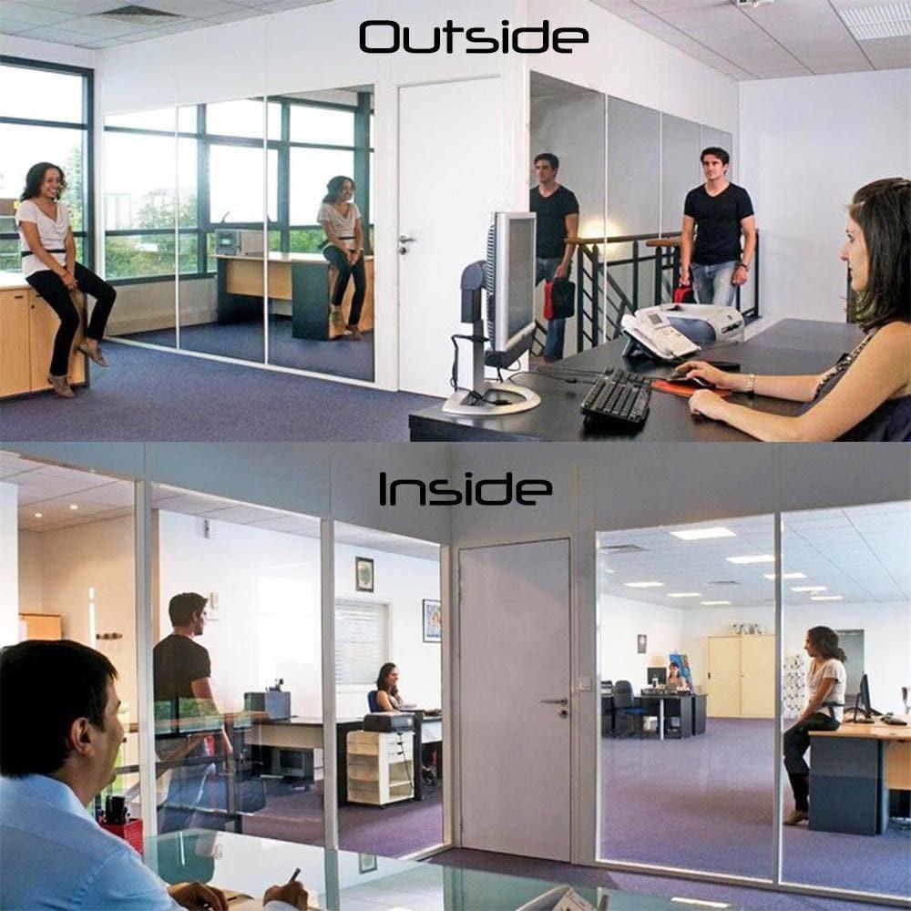 Comparison image showing Mirror Privacy Window Film usage: clear view from inside and one-way effect from outside.