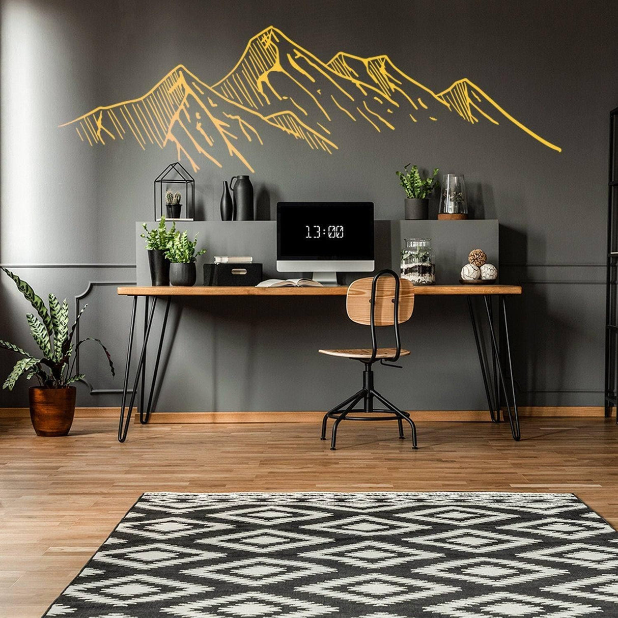 Mountain silhouette wall sticker decal above a modern desk setup in a stylish home office.